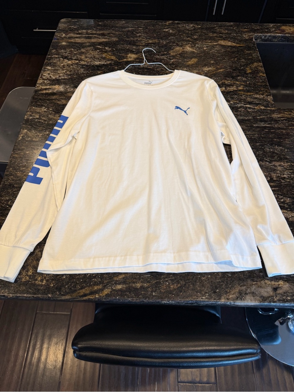 PUMA Men's Long-Sleeve Logo Tee in White with Blue Accents L